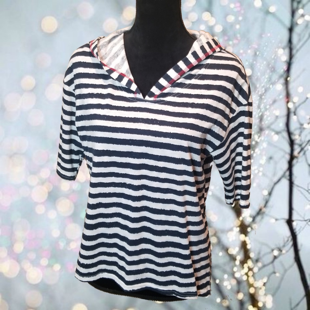 mark. Striped 1/2 Sleeve Hooded High-Low Top